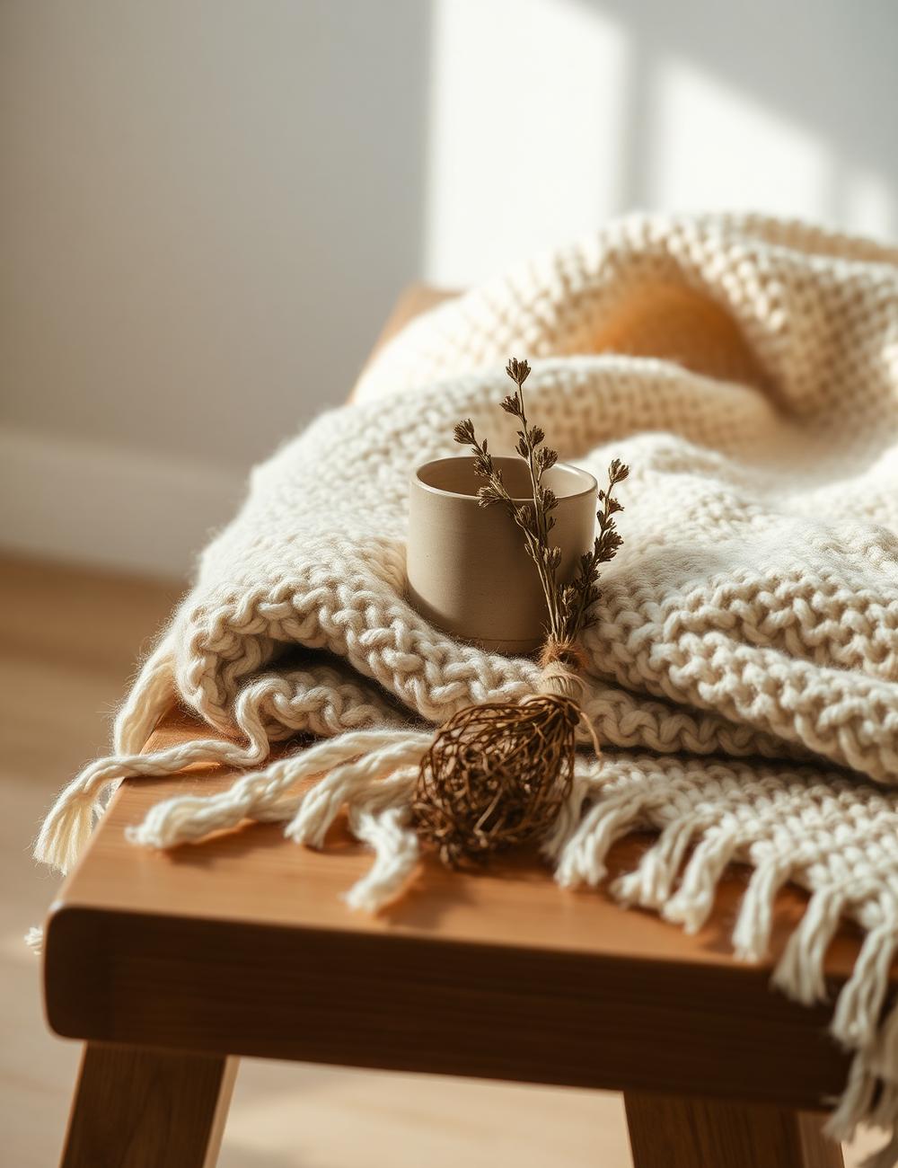 Wolldecke, Keramiktasse und getrocknete Kräuter auf einer Holzbank im Morgenlicht