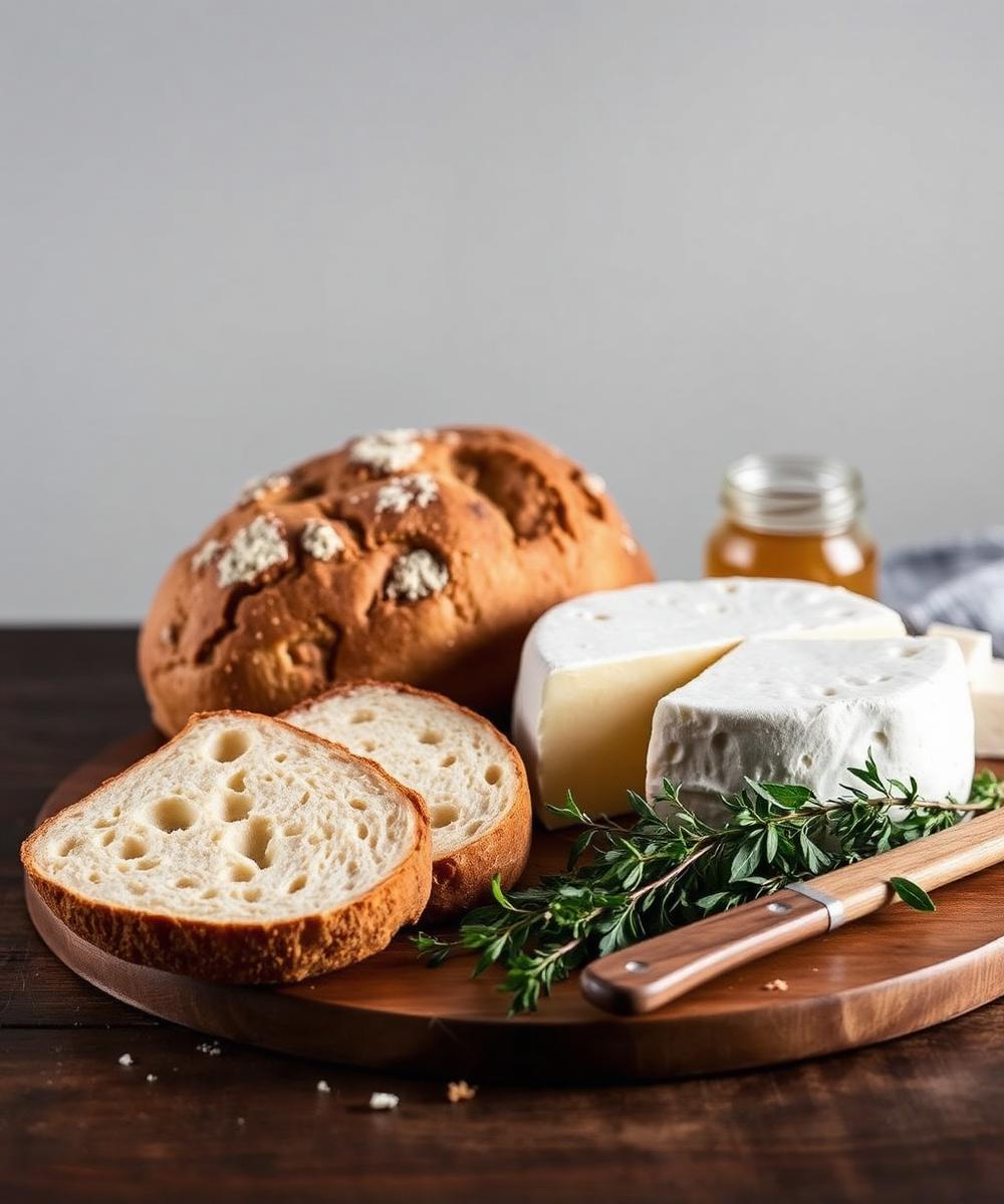 Brot, Bergkäse, Kräuter und Honig auf dunklem Holz