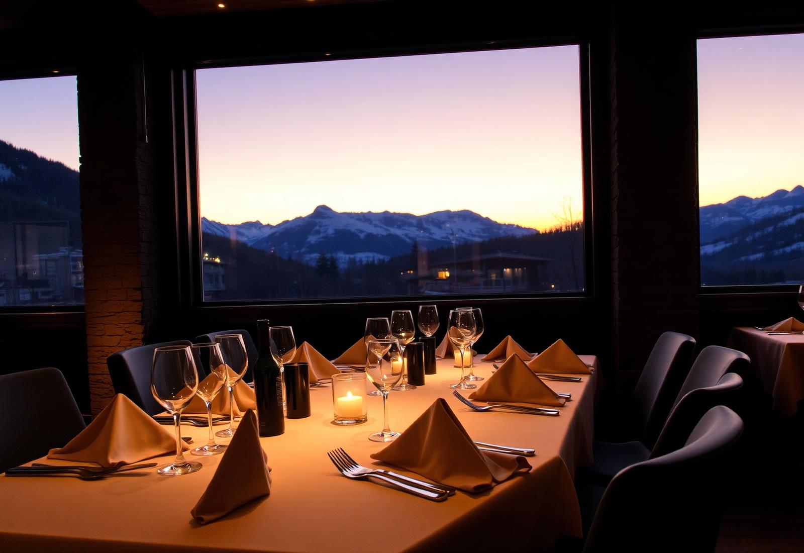 Gedeckter Tisch im alpinen Restaurant bei warmem Abendlicht mit Bergblick