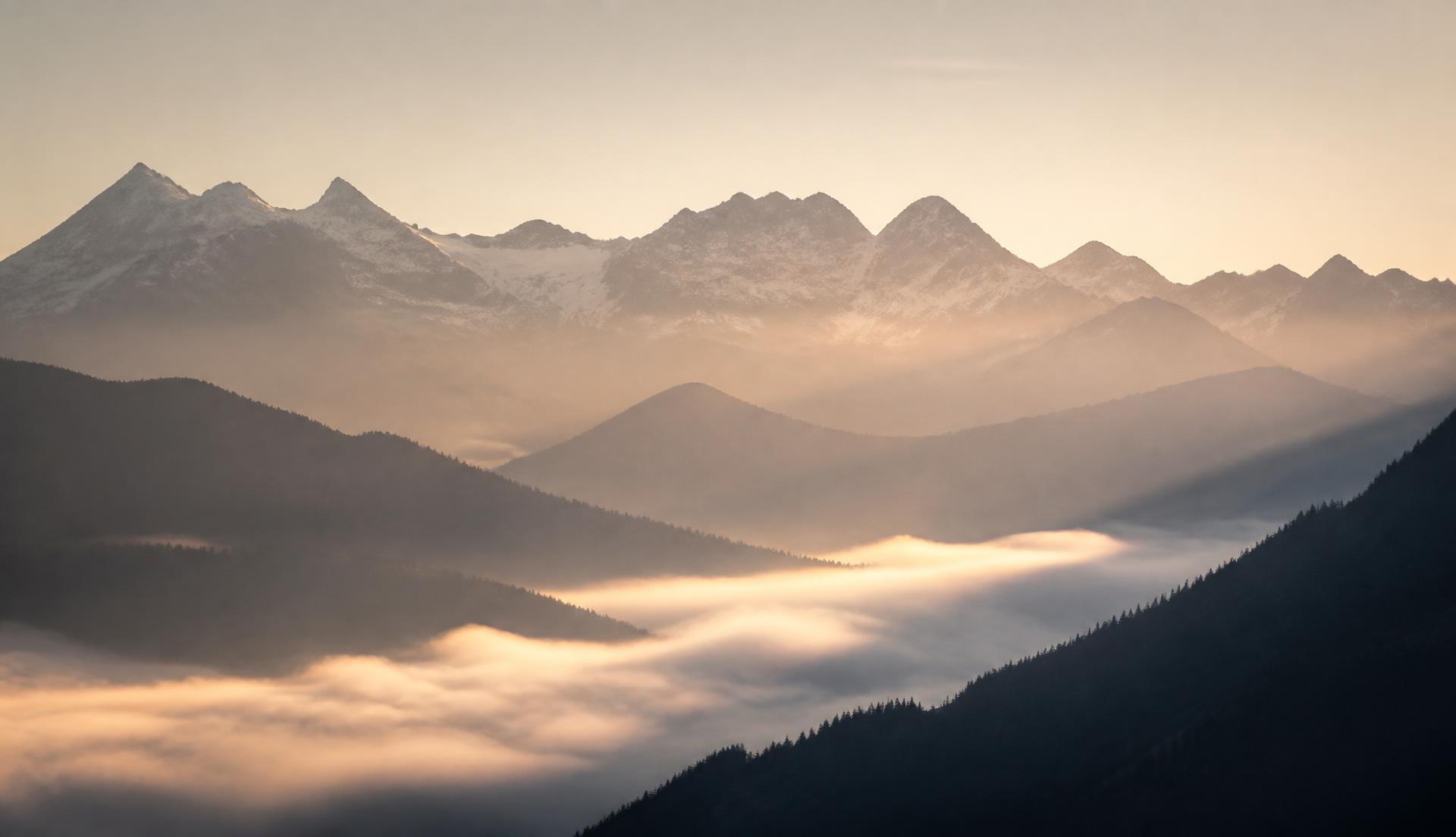 Bergketten im ersten Morgenlicht über dem Talnebel