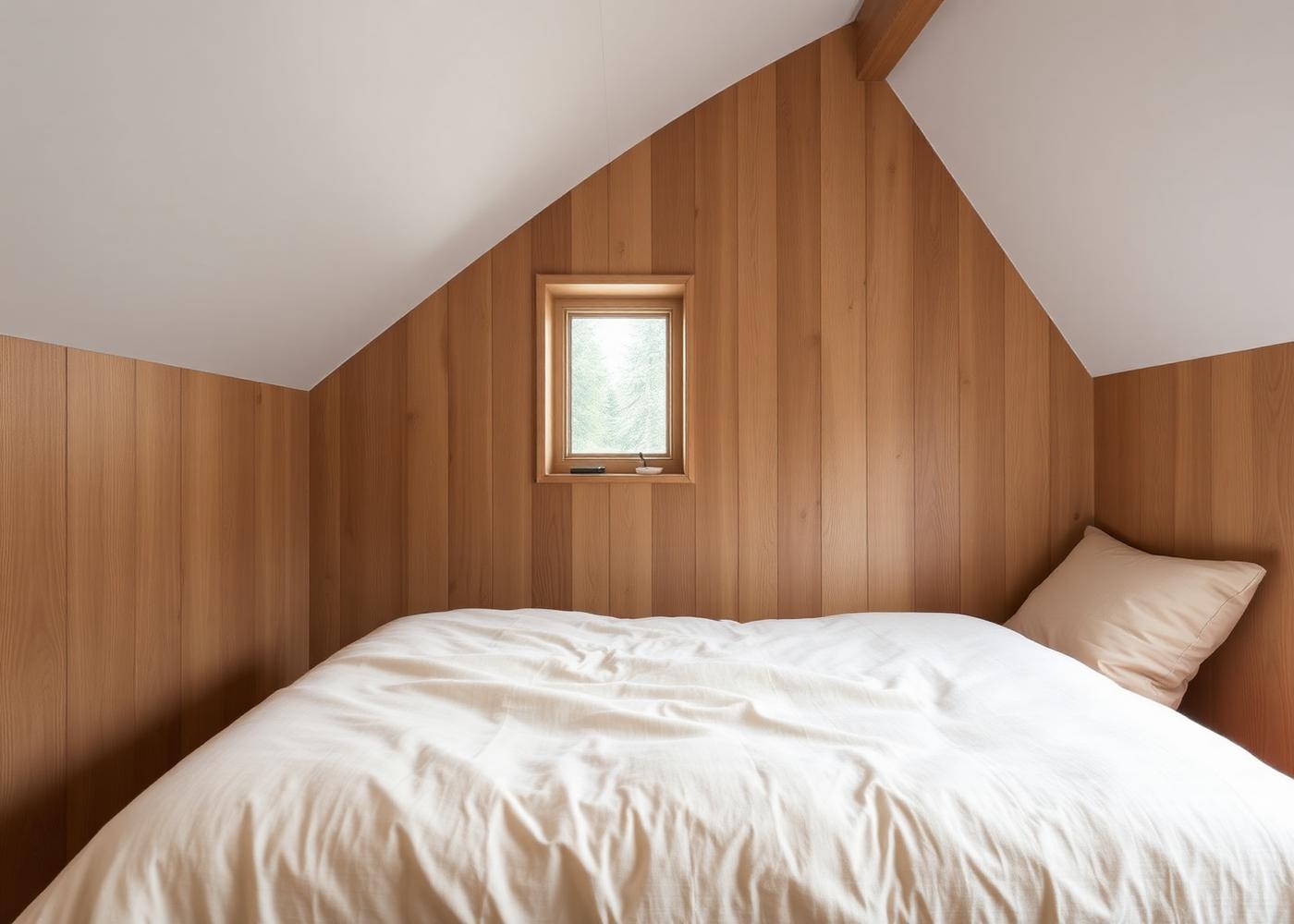Ruhiges alpines Hotelzimmer mit Holzverkleidung, Leinenbettwäsche und Fenster zum Wald