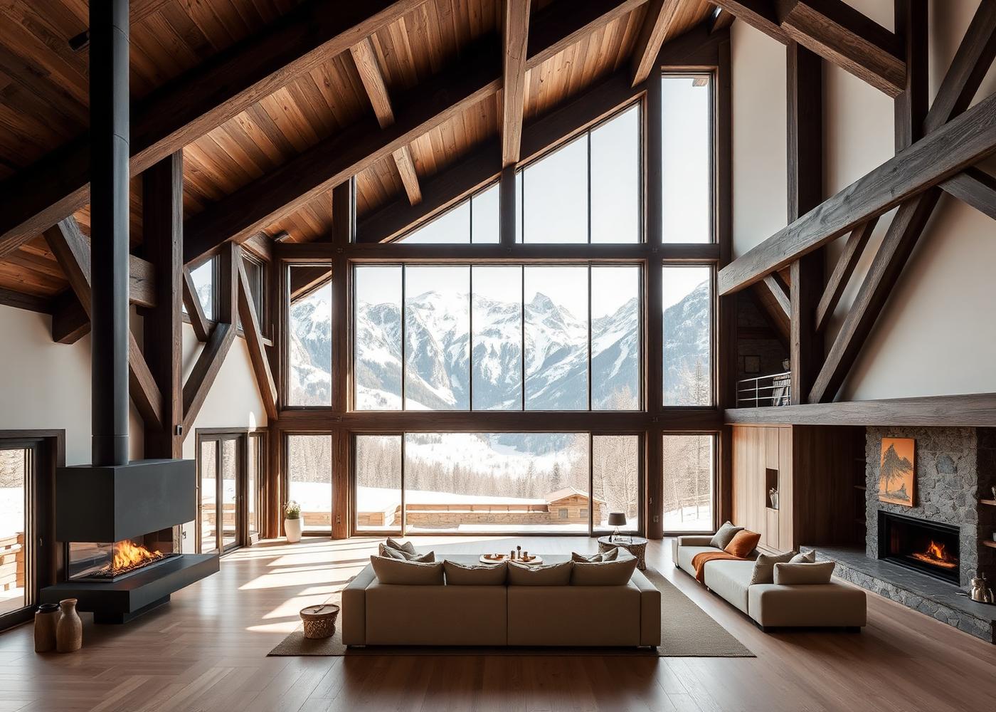 Offenes alpines Loft mit Holzbalken, Kamin und großer Fensterfront zu den Bergen