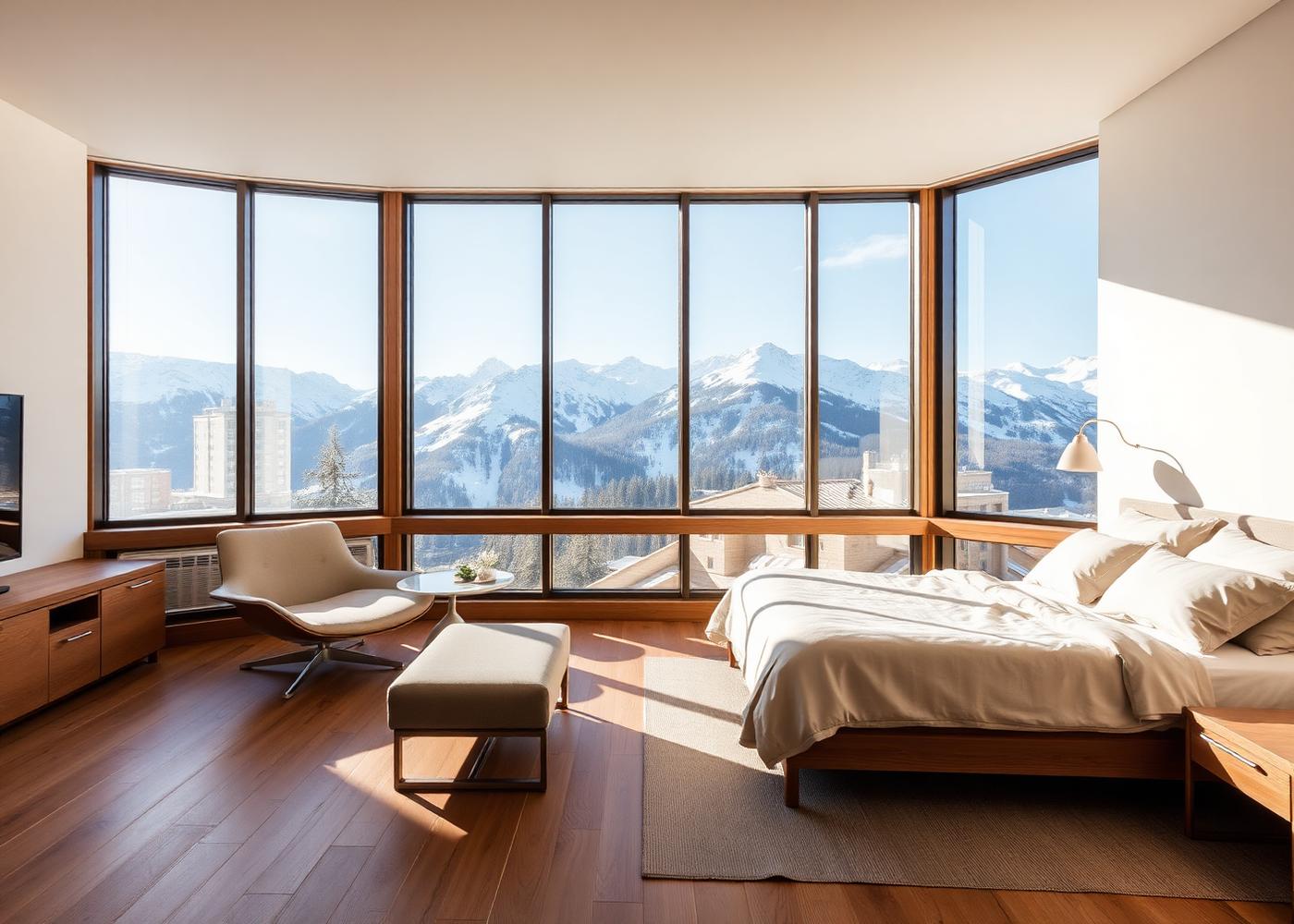 Alpine Hotelsuite mit Panoramafensterfront und Blick auf verschneite Berge