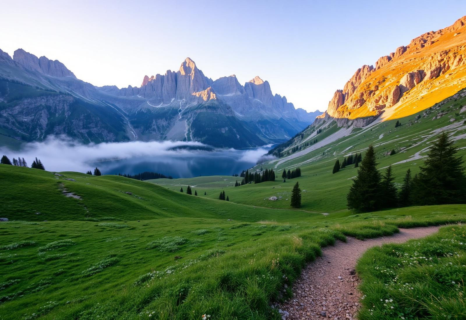 Sommerliche Alpenlandschaft mit grünen Wiesen, Bergsee und Wanderweg